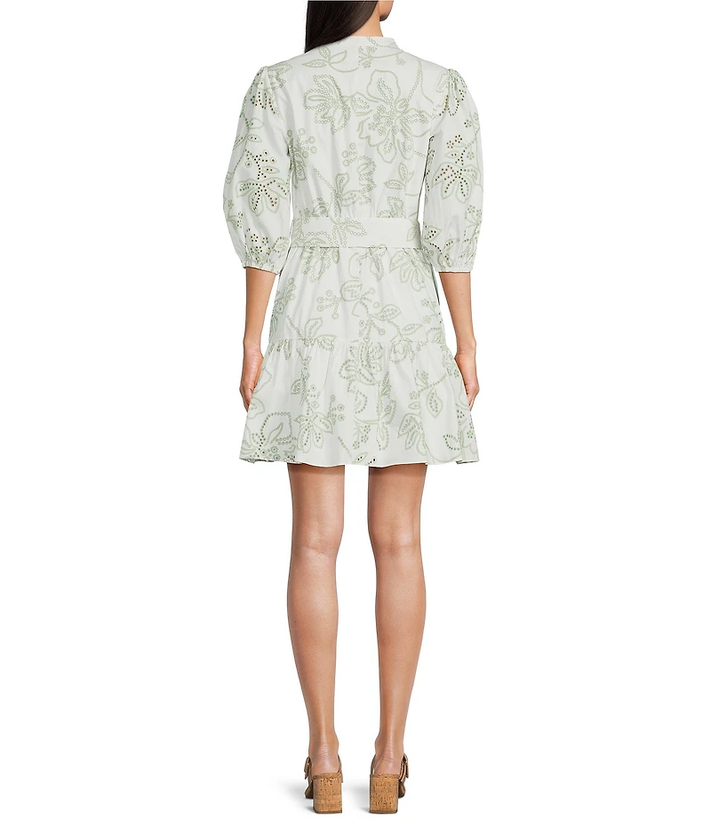 Arianna Day by Adrianna Papell Long Sleeve Belted Eyelet Short Dress