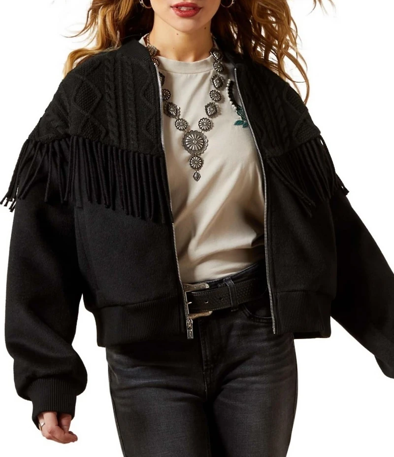 Ariat Arctica Mixed Media Cable Knit Fringe Bomber Jacket
