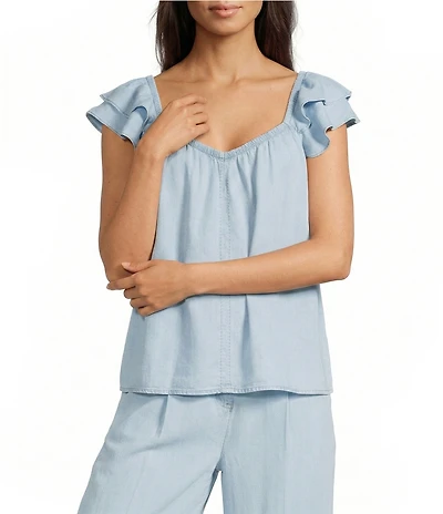 Ariat Coordinating Lynn Tencel Convertible Elastic Neckline Tiered Ruffle Sleeve Top