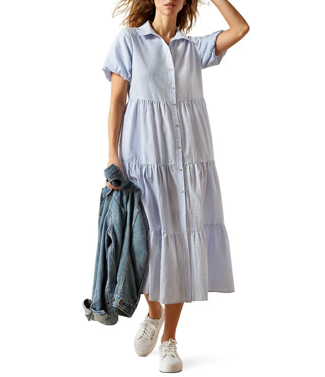 Ariat Dovestone Seersucker Puff Sleeve Tiered Shirt Dress Brazos