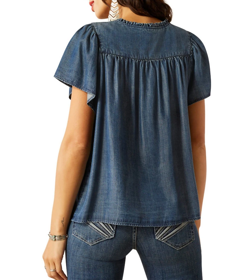 Ariat Emma Split V-Neck Flutter Sleeve Chambray Top