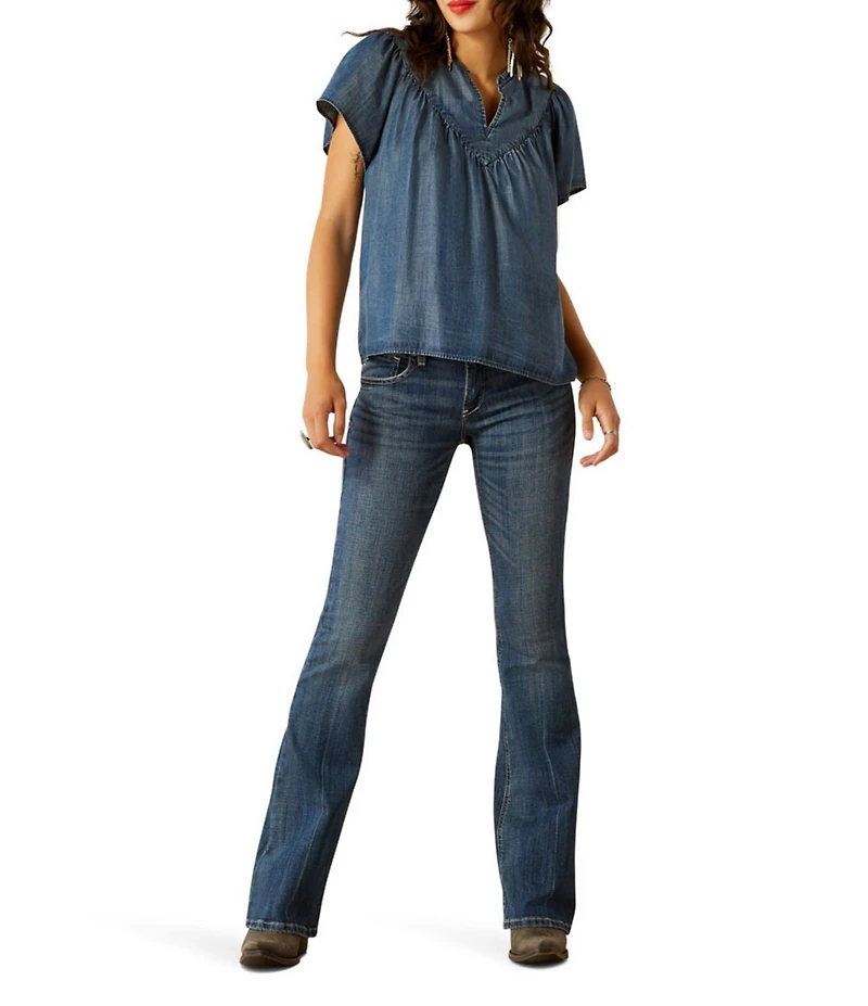 Ariat Emma Split V-Neck Flutter Sleeve Chambray Top