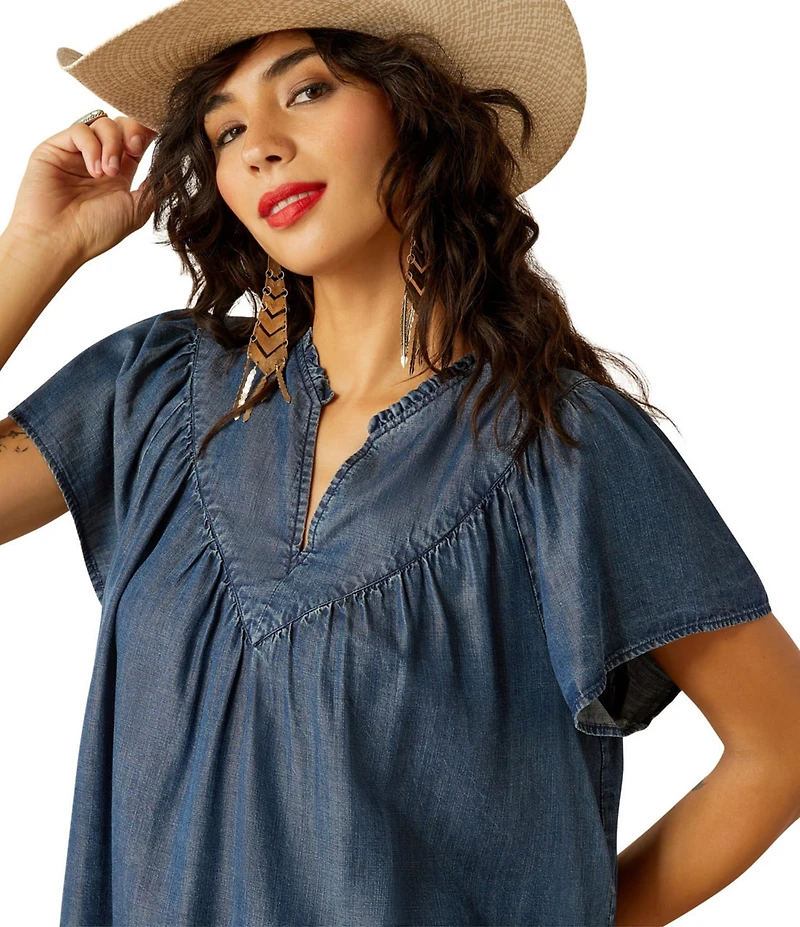Ariat Emma Split V-Neck Flutter Sleeve Chambray Top