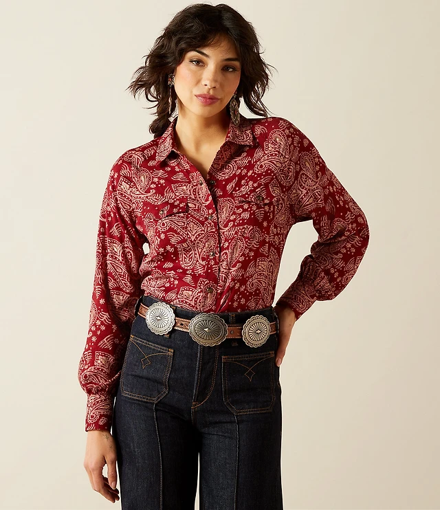 Karen Kane Linen Point Collar 3/4 Ruched Sleeve Button Front Shirt