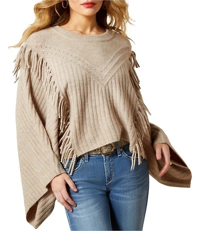Ariat Lia Cable Knit Fringe Detail Boat Neck Poncho Sweater