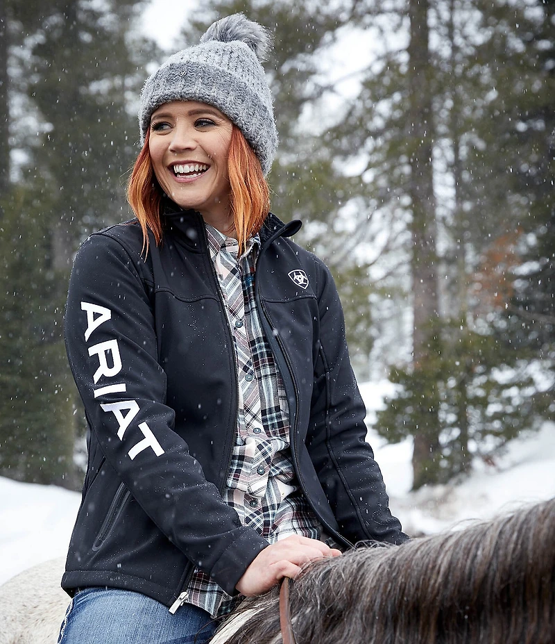 Ariat Logo Sleeve Stand Collar Heat Retention Softshell Zip Front High-Low Jacket