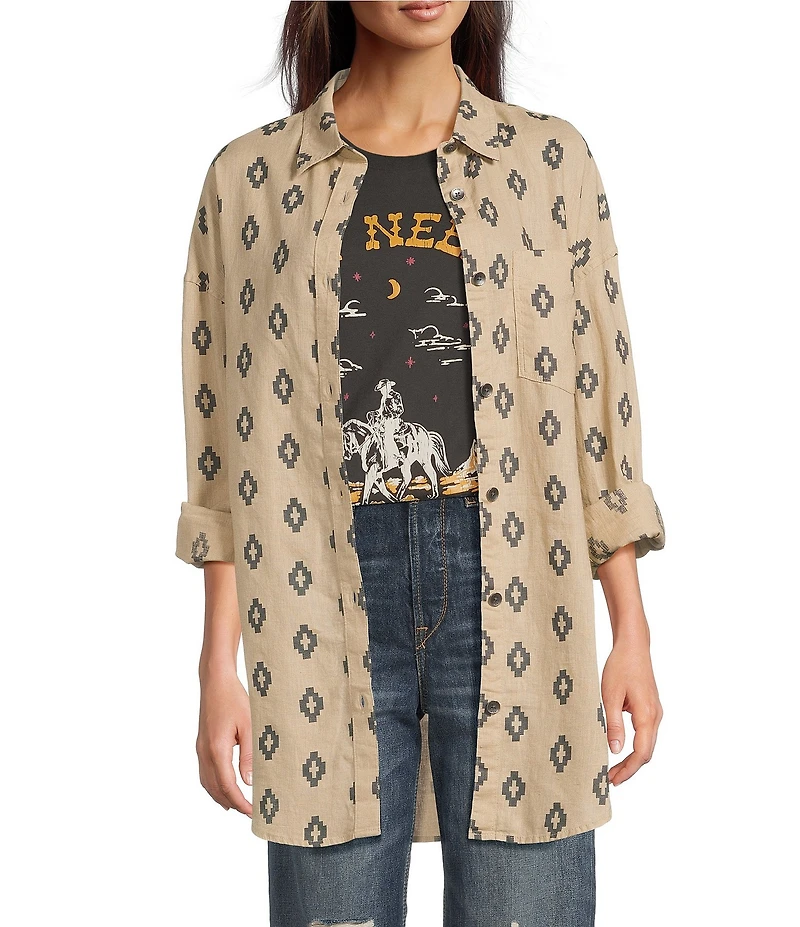 Ariat Poppy Summer Southwestern Print Linen Blend Oversized Long Sleeve Overshirt