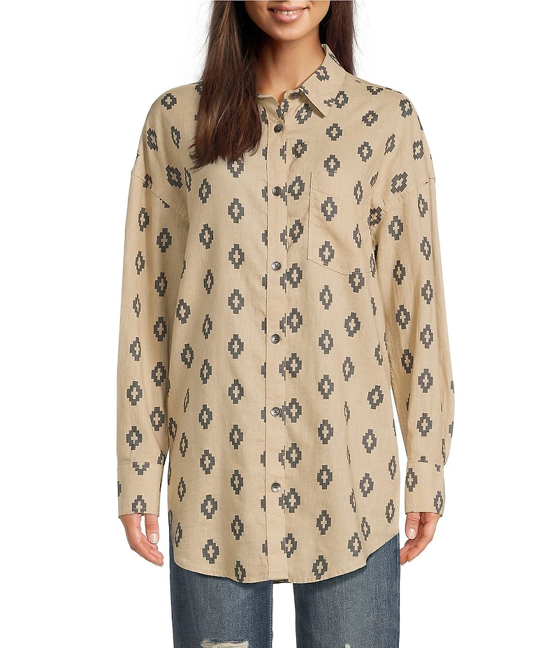 Ariat Poppy Summer Southwestern Print Linen Blend Oversized Long Sleeve Overshirt