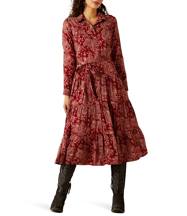 Ariat Sahara Paisley Point Collar Long Sleeve Button Front Tiered Midi Dress  at Hamilton Place in Chattanooga, TN