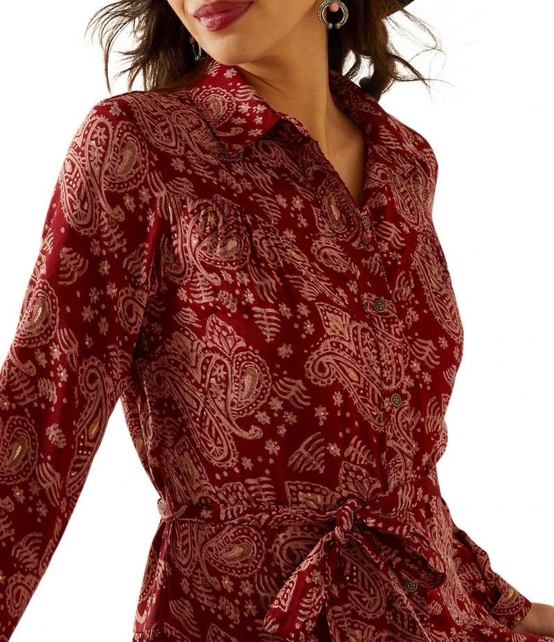 Ariat Sahara Paisley Point Collar Long Sleeve Button Front Tiered Midi Dress