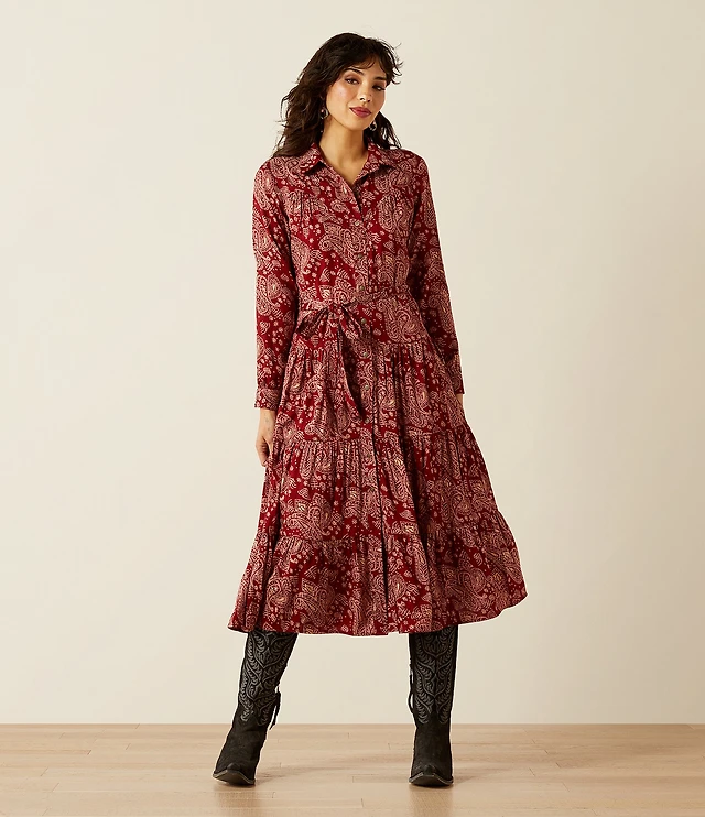 Ariat Sahara Paisley Point Collar Long Sleeve Button Front Tiered Midi Dress  at Hamilton Place in Chattanooga, TN
