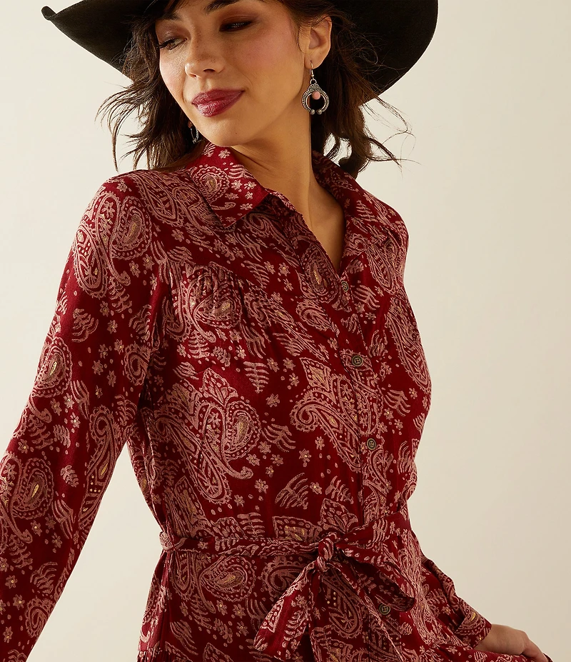 Ariat Sahara Paisley Point Collar Long Sleeve Button Front Tiered Midi Dress