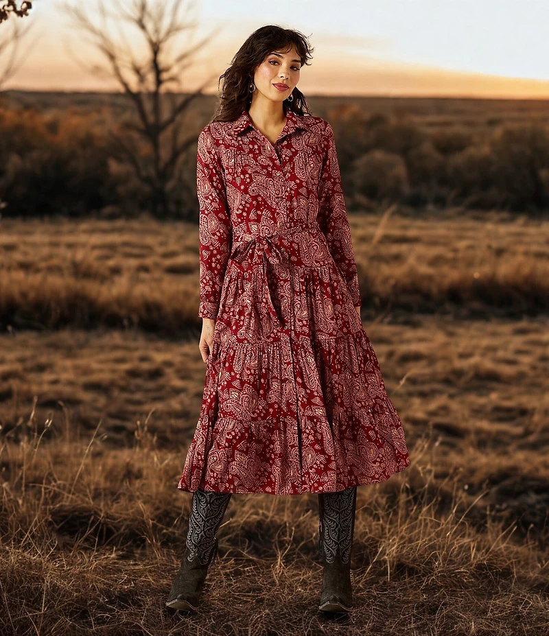 Ariat Sahara Paisley Point Collar Long Sleeve Button Front Tiered Midi Dress