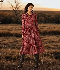 Ariat Sahara Paisley Point Collar Long Sleeve Button Front Tiered Midi Dress