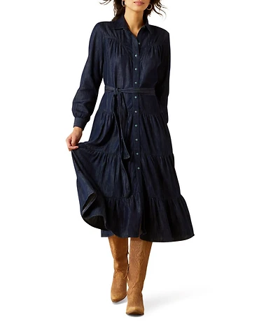 Ariat Sahara Western Yoke Long Sleeve Button Front Tiered Midi Dress