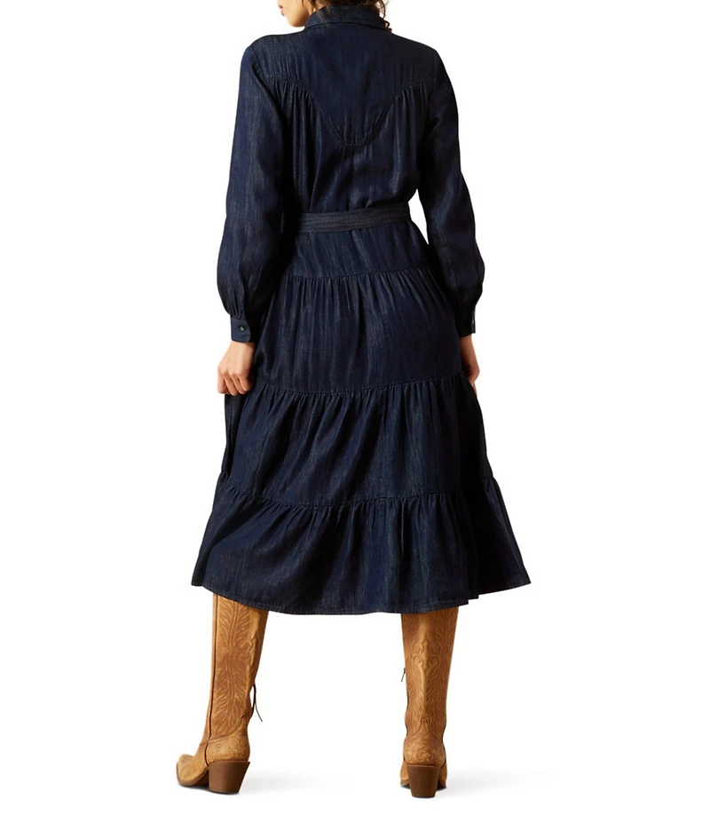 Ariat Sahara Western Yoke Long Sleeve Button Front Tiered Midi Dress