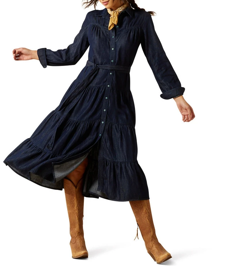 Ariat Sahara Western Yoke Long Sleeve Button Front Tiered Midi Dress