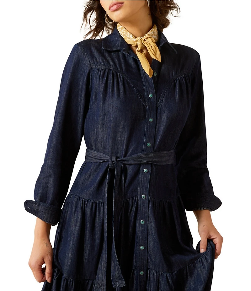 Ariat Sahara Western Yoke Long Sleeve Button Front Tiered Midi Dress