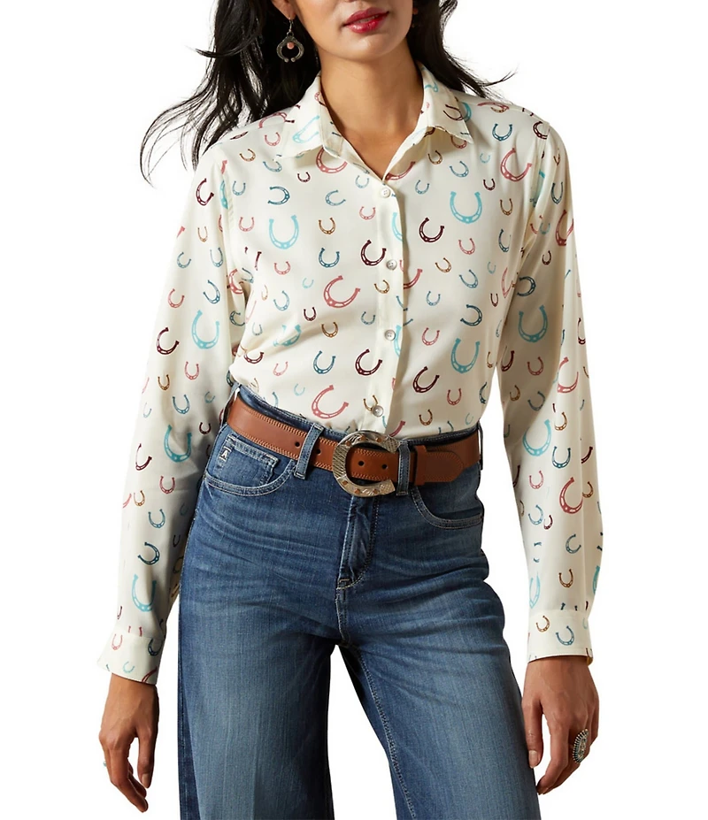 Ariat Western Luck Homestyle Horseshoe Print Point Collar Long Sleeve Button Front Shirt