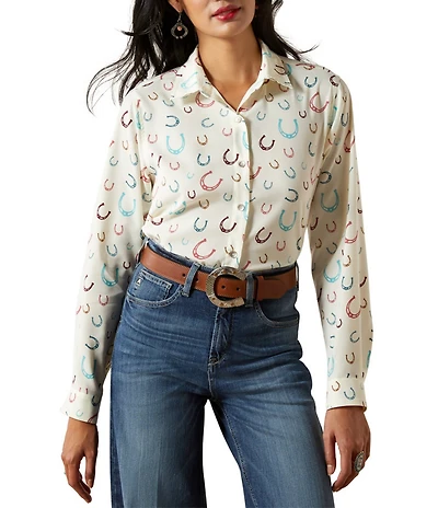 Ariat Western Luck Homestyle Horseshoe Print Point Collar Long Sleeve Button Front Shirt