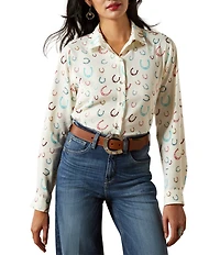 Ariat Western Luck Homestyle Horseshoe Print Point Collar Long Sleeve Button Front Shirt