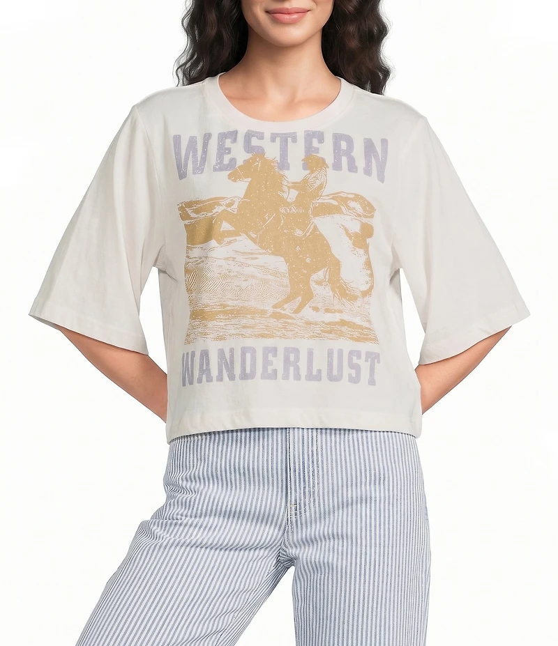 Ariat Western Wanderlust Crew Neck Elbow Sleeve Boxy Cropped Tee