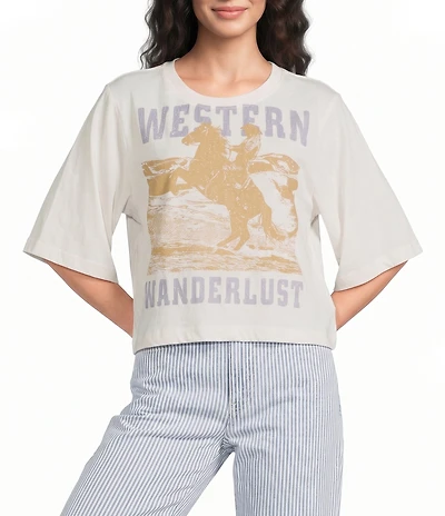 Ariat Western Wanderlust Crew Neck Elbow Sleeve Boxy Cropped Tee