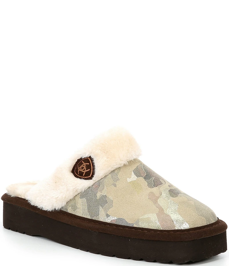 Ariat Women's Jackie Square Toe Faux Fur Glitter Suede Camo Slippers