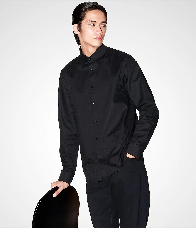 Armani Exchange Allover Logo Print Jacquard Long Sleeve Woven Shirt