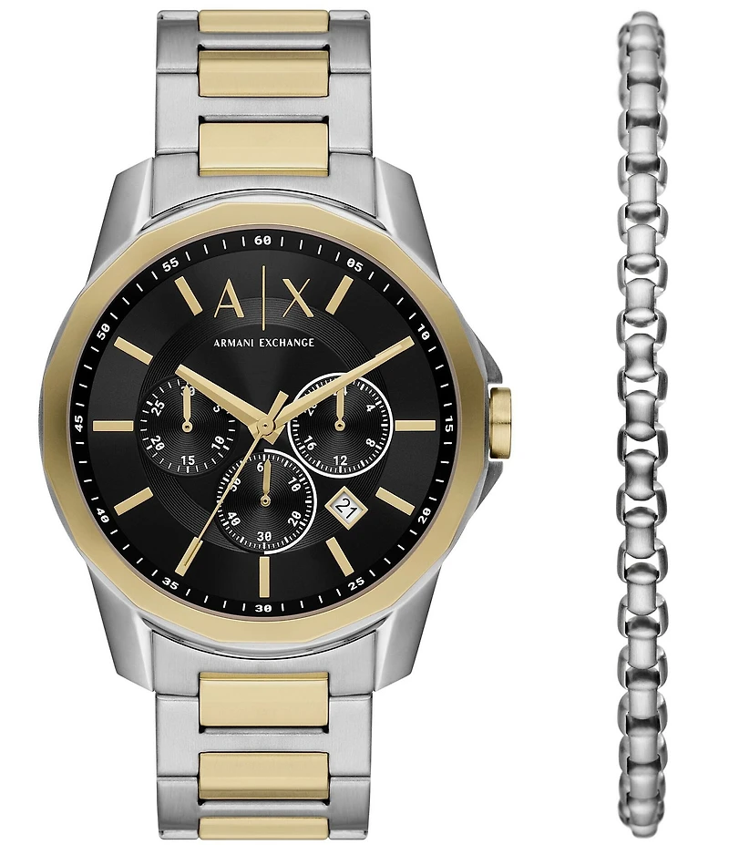 Armani Exchange Men's Banks Chronograph Stainless Steel Bracelet Watch and Bracelet Set