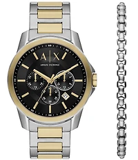 Armani Exchange Men's Banks Chronograph Stainless Steel Bracelet Watch and Bracelet Set
