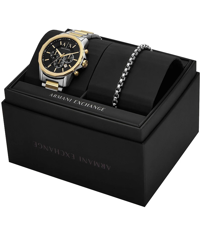 Armani Exchange Men's Banks Chronograph Stainless Steel Bracelet Watch and Bracelet Set