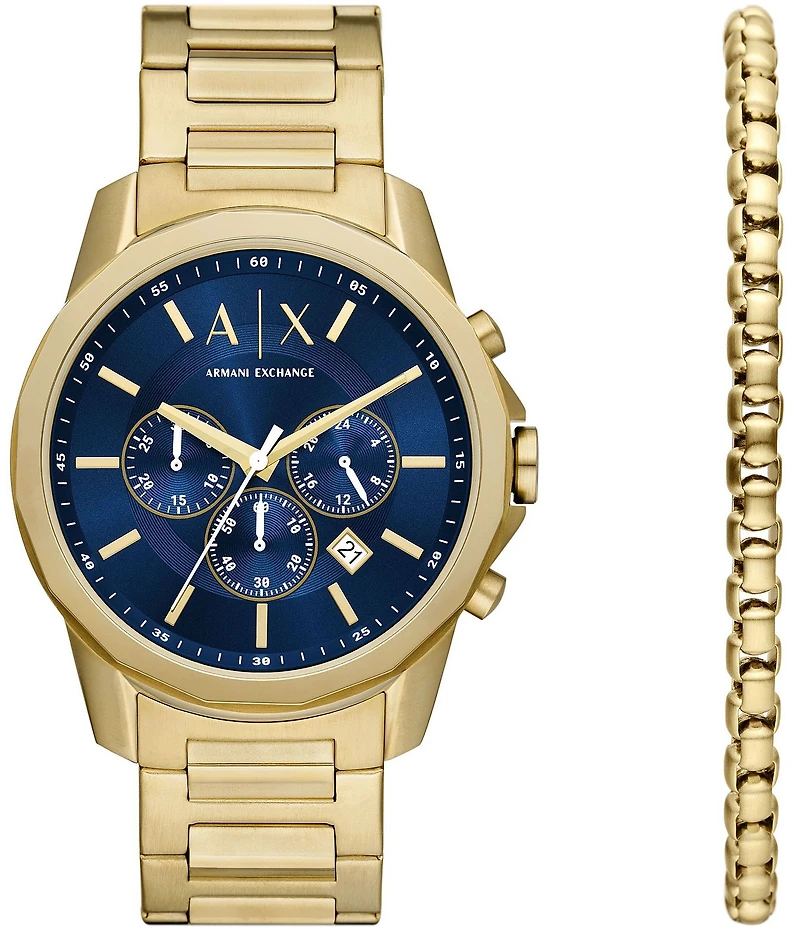 Armani Exchange Men's Banks Chronograph Stainless Steel Bracelet Watch and Bracelet Set