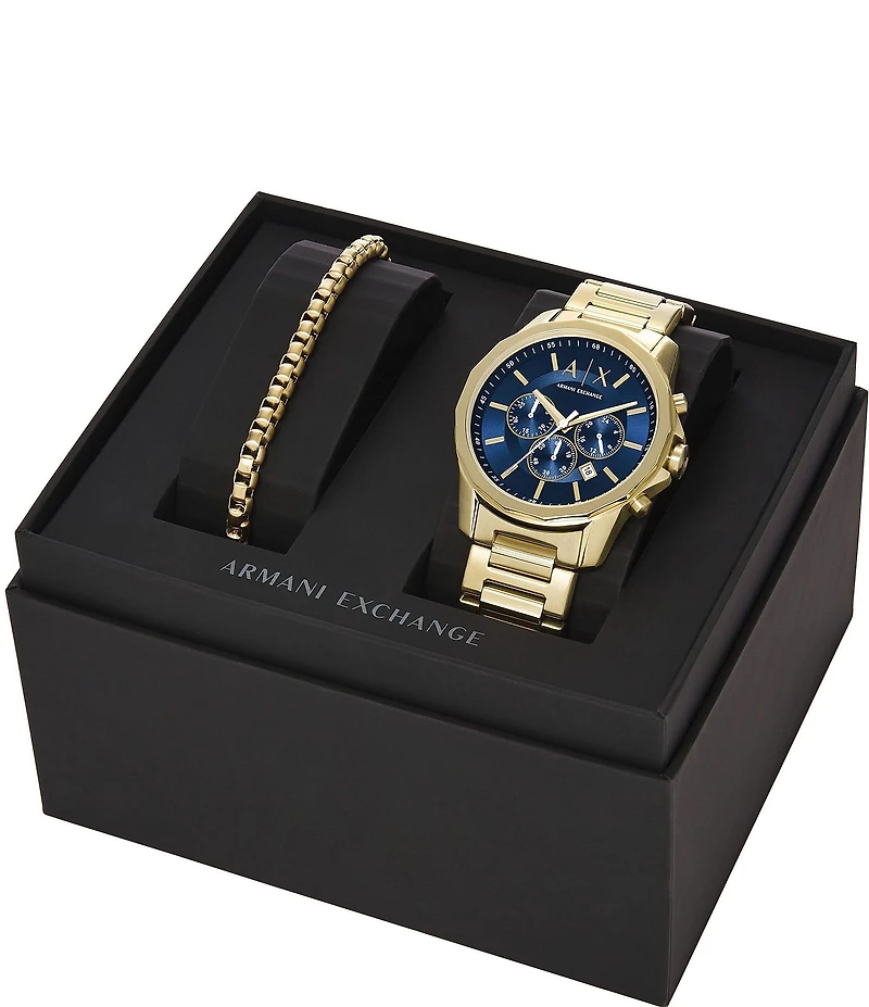 Armani Exchange Men's Banks Chronograph Stainless Steel Bracelet Watch and Bracelet Set
