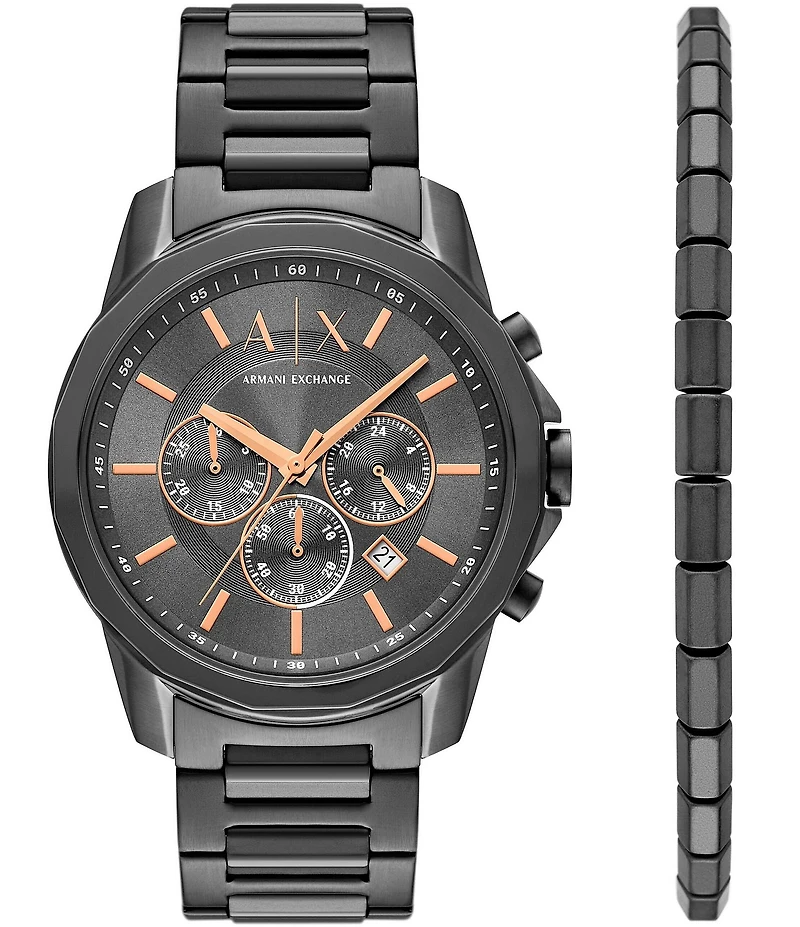 Armani Exchange Men's Banks Rd. Quartz Chronograph Gunmetal Tone Stainless Steel Bracelet Watch and Bracelet Set