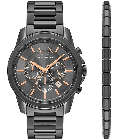 Armani Exchange Men's Banks Rd. Quartz Chronograph Gunmetal Tone Stainless Steel Bracelet Watch and Bracelet Set