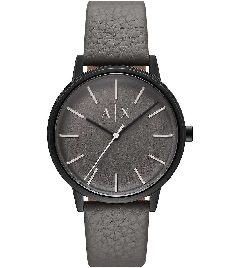 Armani Exchange Men's Cayde Rd. Three-Hand Grey Leather Strap Watch