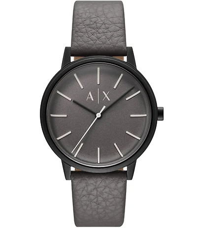 Armani Exchange Men's Cayde Rd. Three-Hand Grey Leather Strap Watch