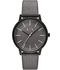 Armani Exchange Men's Cayde Rd. Three-Hand Grey Leather Strap Watch