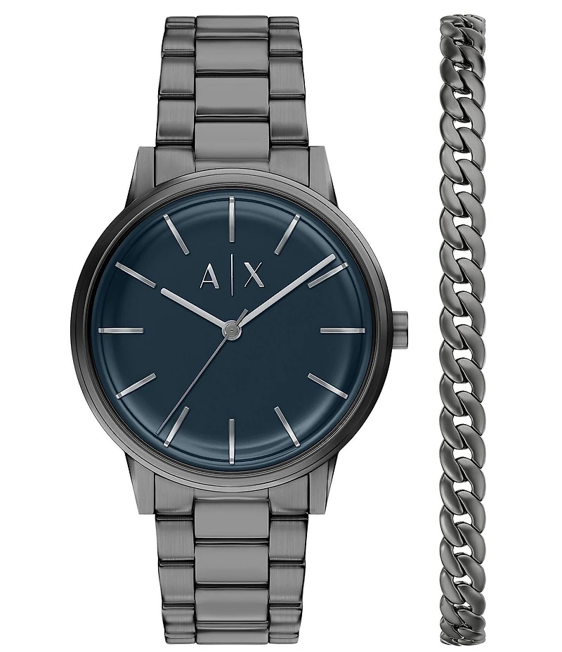 Armani Exchange Men's Cayde Three-Hand Gunmetal Stainless Steel Bracelet Watch Set