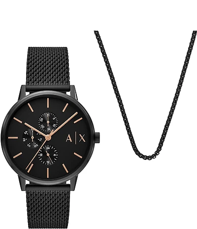 Armani Exchange Men's Cyde Rd. Multifunction Black Tone Stainless Steel Mesh Watch And Necklace Set