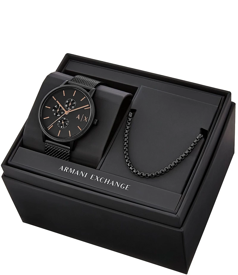Armani Exchange Men's Cyde Rd. Multifunction Black Tone Stainless Steel Mesh Watch And Necklace Set