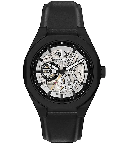 Armani Exchange Men's Sync Rd. Automatic Black Leather Strap Watch