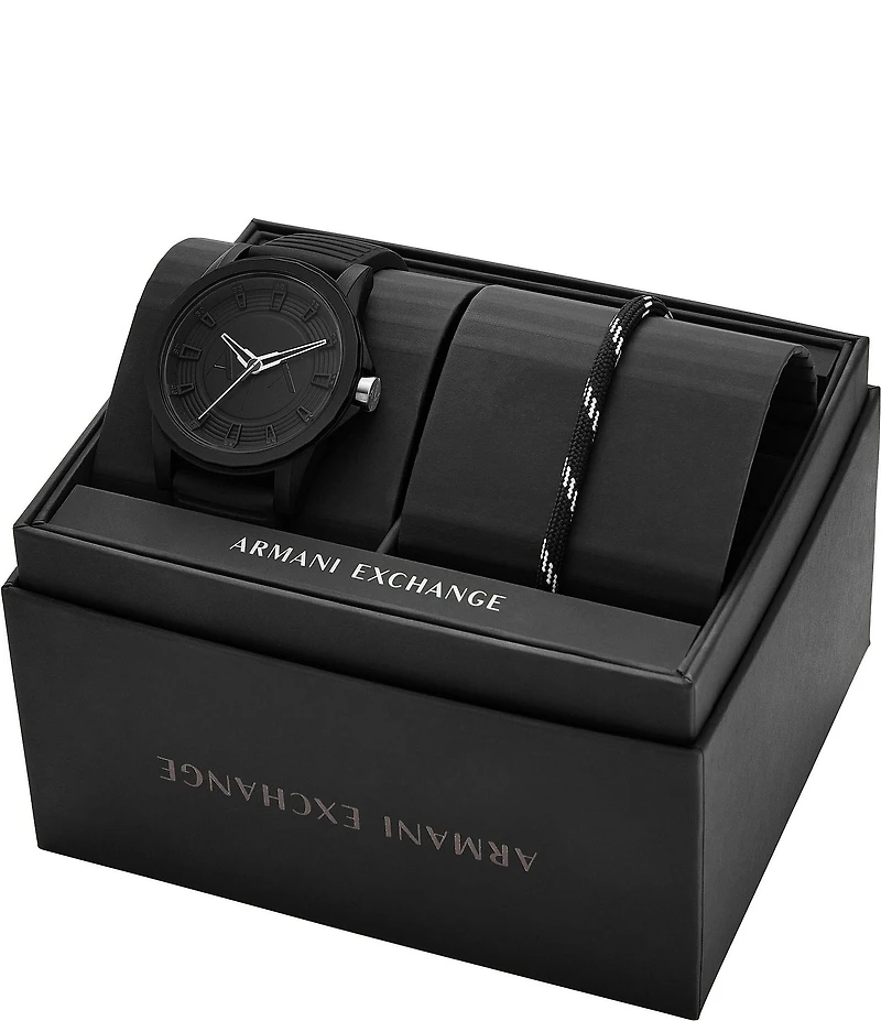 Armani Exchange Men's Three-Hand Black Silicone Watch and Fabric Bracelet Set