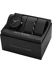 Armani Exchange Men's Three-Hand Black Silicone Watch and Fabric Bracelet Set