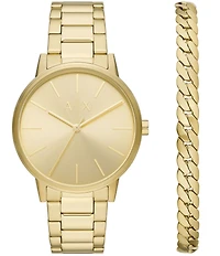 Armani Exchange Men's Three-Hand Gold-Tone Stainless Steel Watch and Bracelet Set