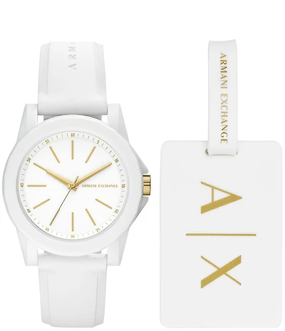 Armani Exchange Women's Banks Rd. Three Hand White Silicone Strap Watch and Luggage Tag Gift Set
