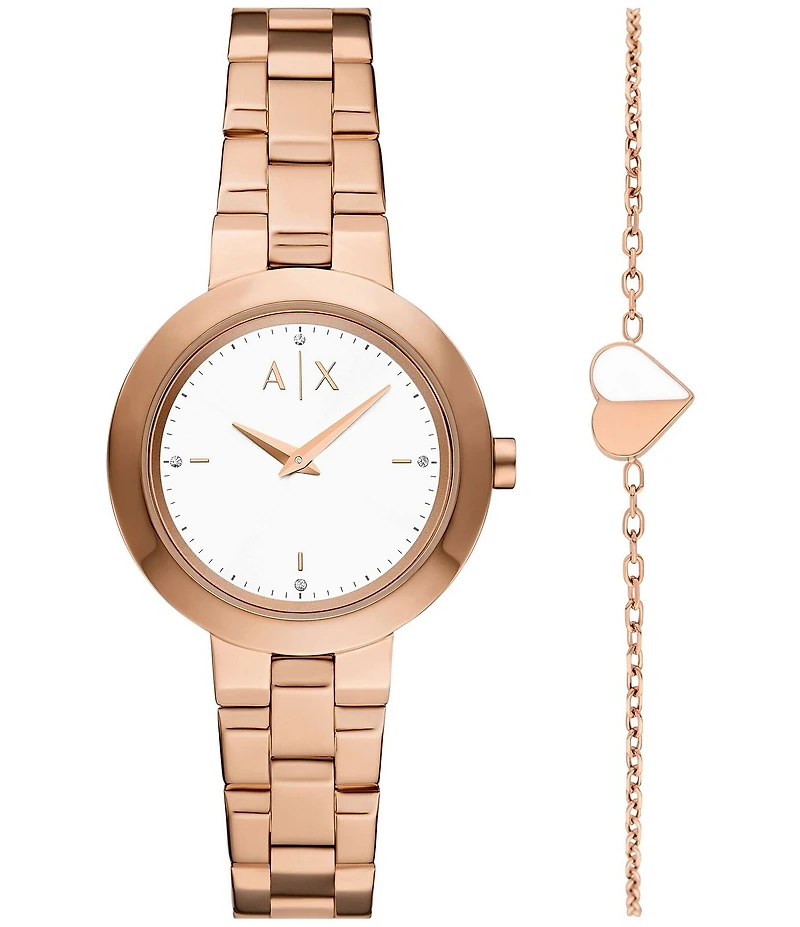 Armani Exchange Women's Jackie Rd. Two Hand Rose Gold Tone Stainless Steel Bracelet Watch Gift Set