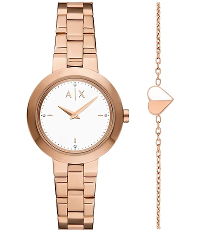 Armani Exchange Women's Jackie Rd. Two Hand Rose Gold Tone Stainless Steel Bracelet Watch Gift Set