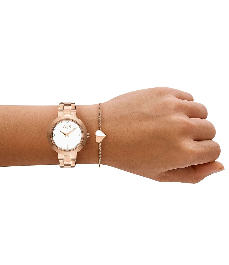 Armani Exchange Women's Jackie Rd. Two Hand Rose Gold Tone Stainless Steel Bracelet Watch Gift Set